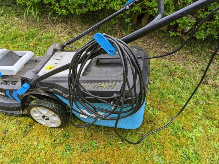 power, cord, wrapped, up, on, mower,